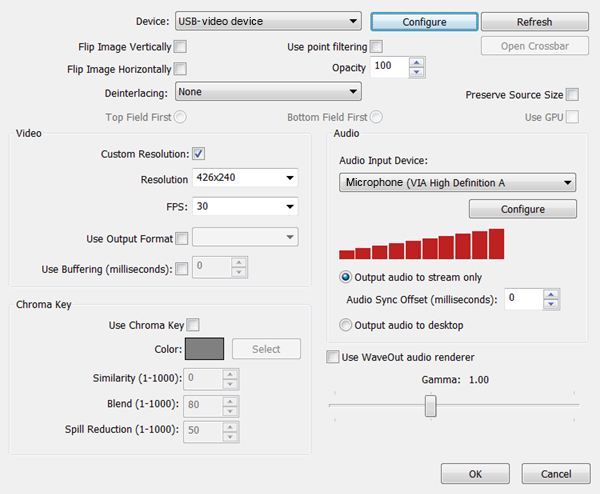 Select your camera (capture device) and microphone. Select video resolution and fps