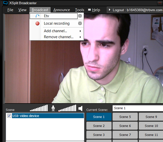 Start broadcast by clicking Broadcast and your channel (streaming profile) name