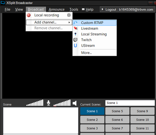 Select Broadcast -> Add channel -> Custom RTMP