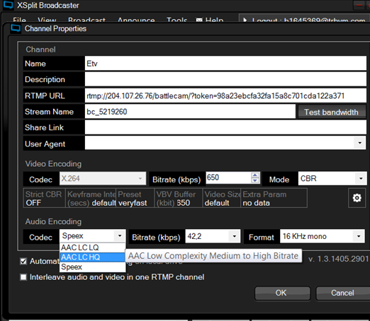 Set rtmp url and streamnameset rtmp url and streamname. Set video and audio encoding options accordingly to recommended stream options